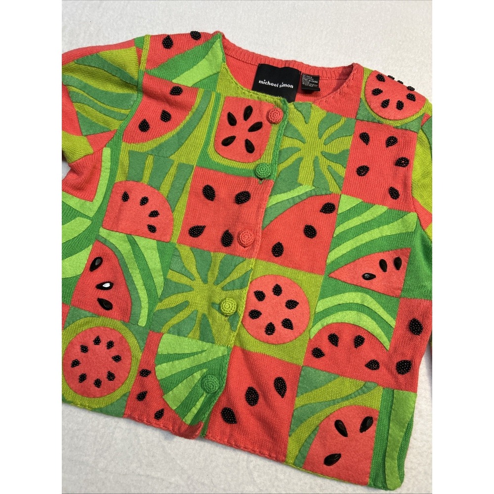 Vintage Michael Simon Watermelon Cardigan Novelty Fruit Sweater Colorful